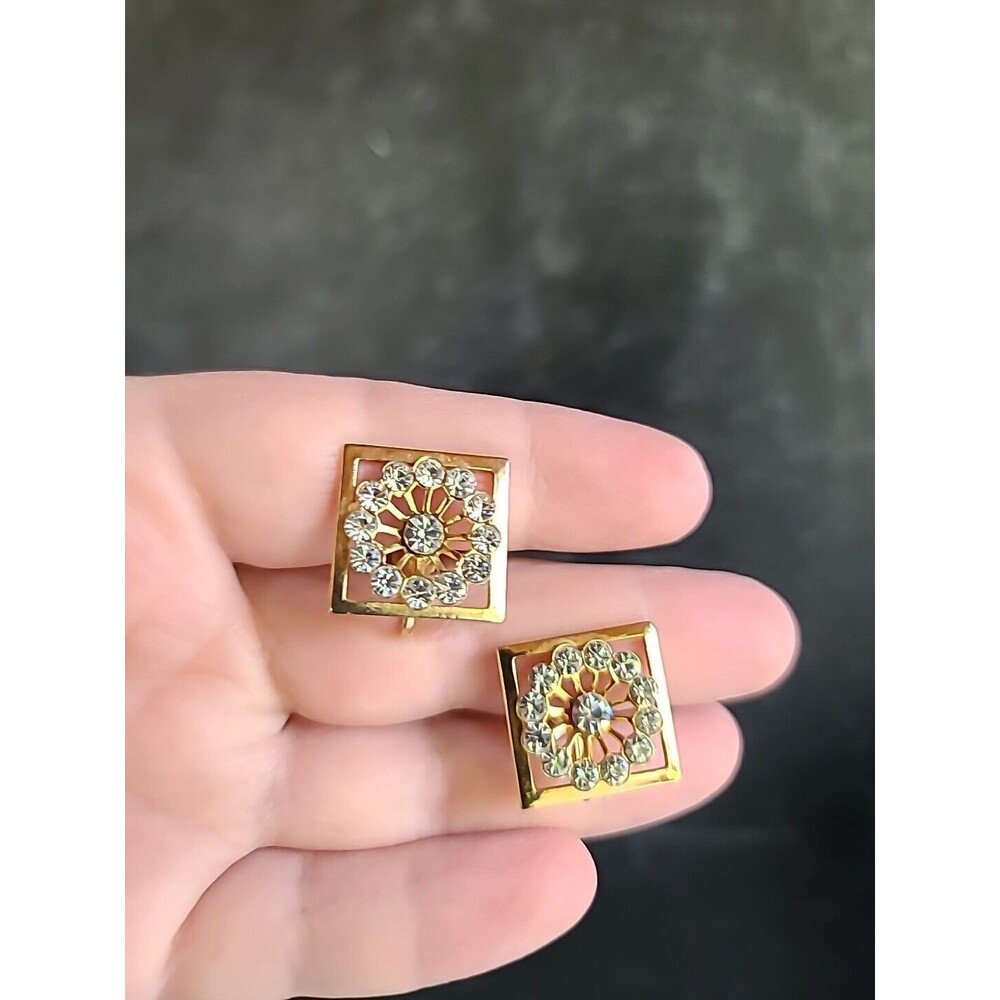 Square Shaped Clear Rhinestone Screwback Earrings Vintage